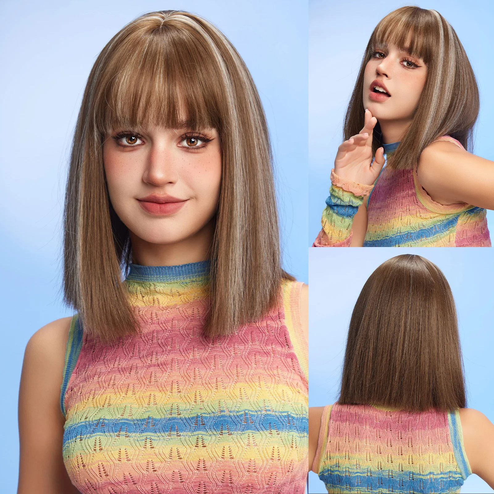 

New wig Qi bangs brown gold intercolor short straight hair Bobo head bobo natural daily high temperature chemical fiber silk wig