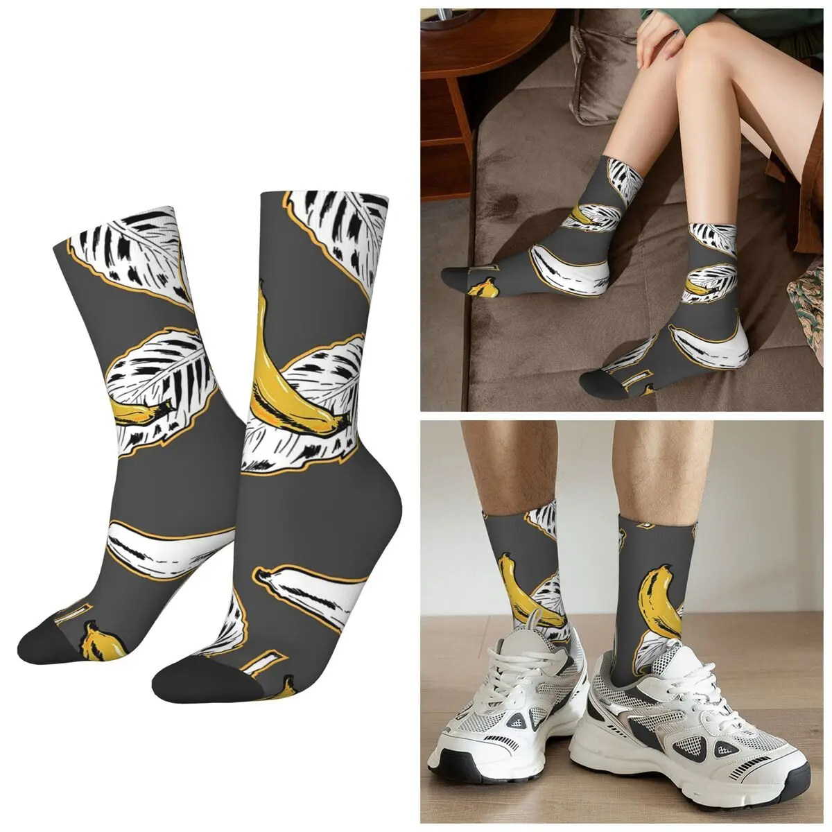 All Seasons Crew Stockings Yellow Banana And Leaf Design Socks Crazy Hip Hop Long Socks for Men Women Valentine's Day Gifts