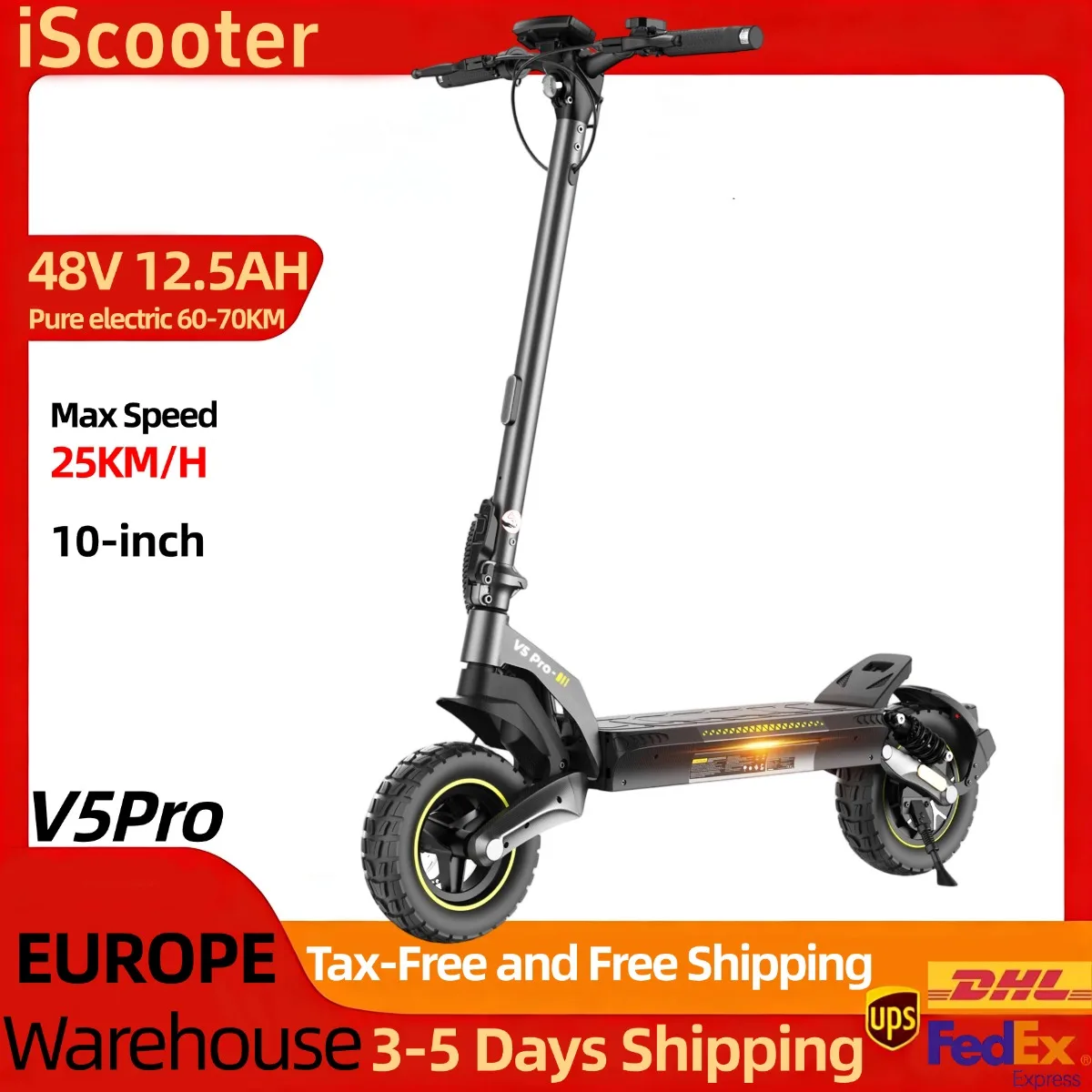 Monopattino elettrico Iscooter V5Pro 48V 12,5Ah per adulti, motore brushless, batteria al litio rimovibile, monopattino elettrico portatile, pneumatici da 10 pollici, autonomia puramente elettrica di