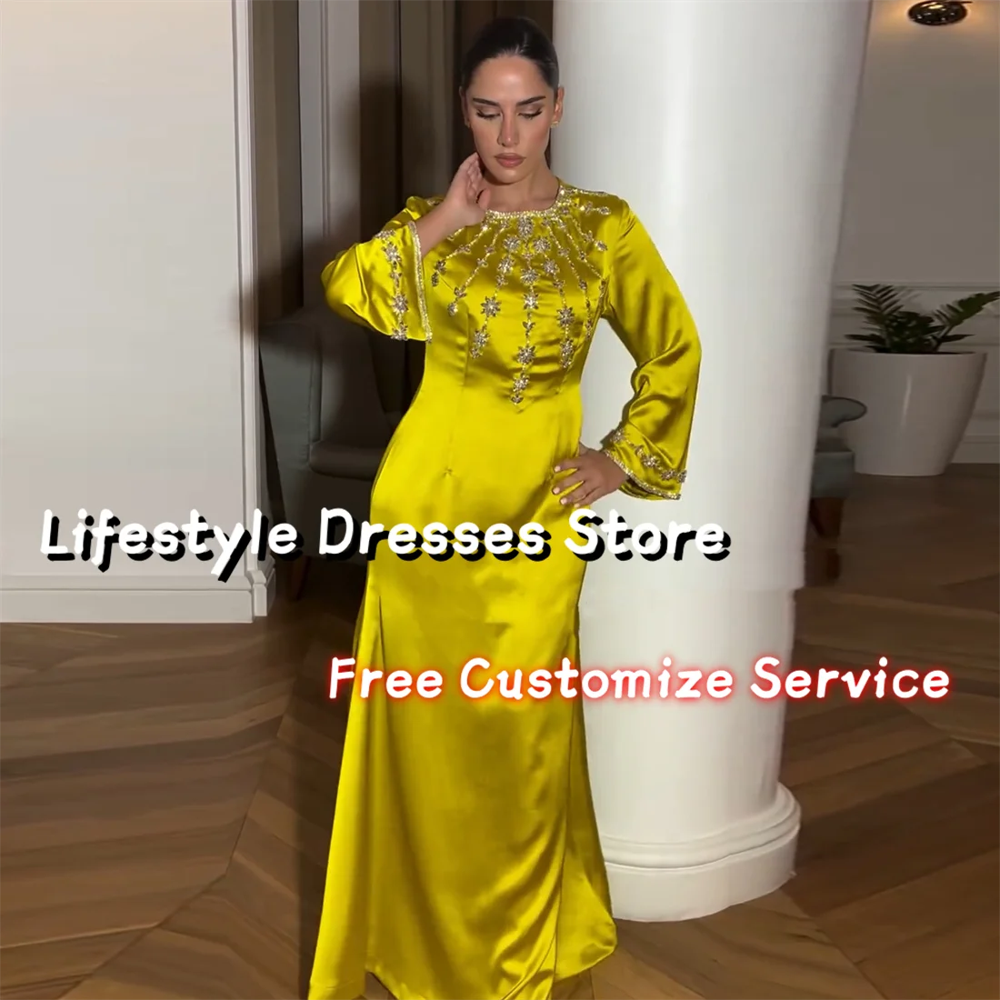 

Gold Glossy Satin Prom Dresses HandBeadings Floor-Length Elegant Luxury Evening Dresses 2024 Formal Party Gown