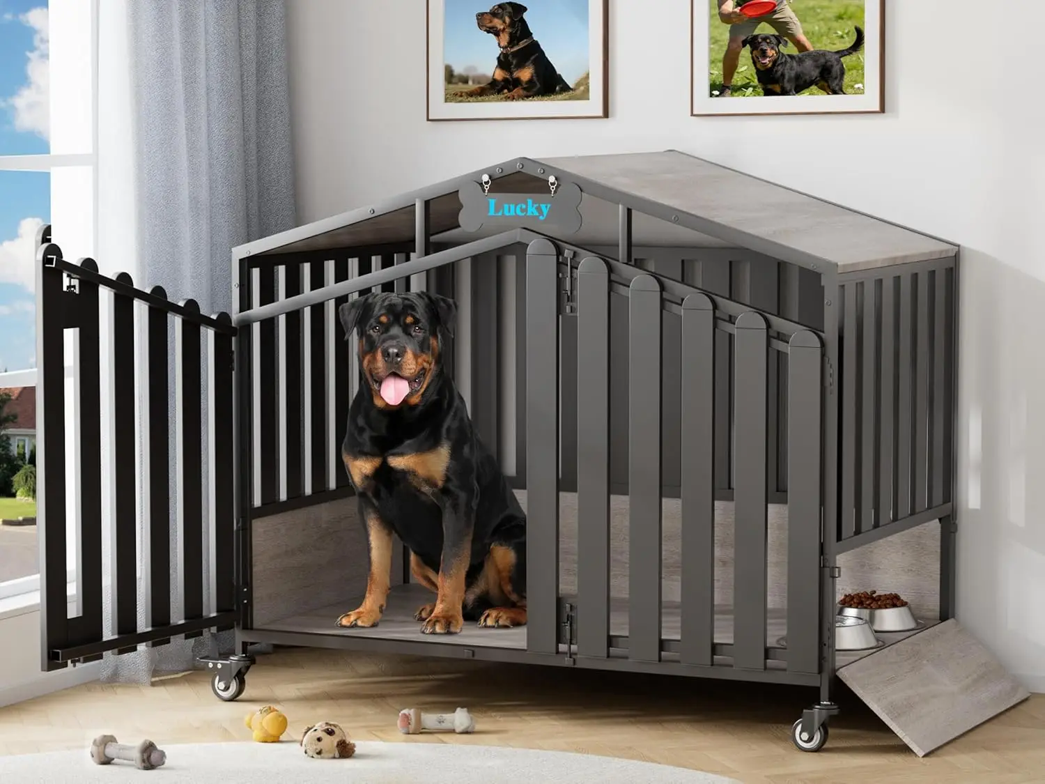 

48' XXL Heavy Duty Dog Crate Furniture, Dogs Kennel Indoor with 360° Wheels, Dog Kennels for Large