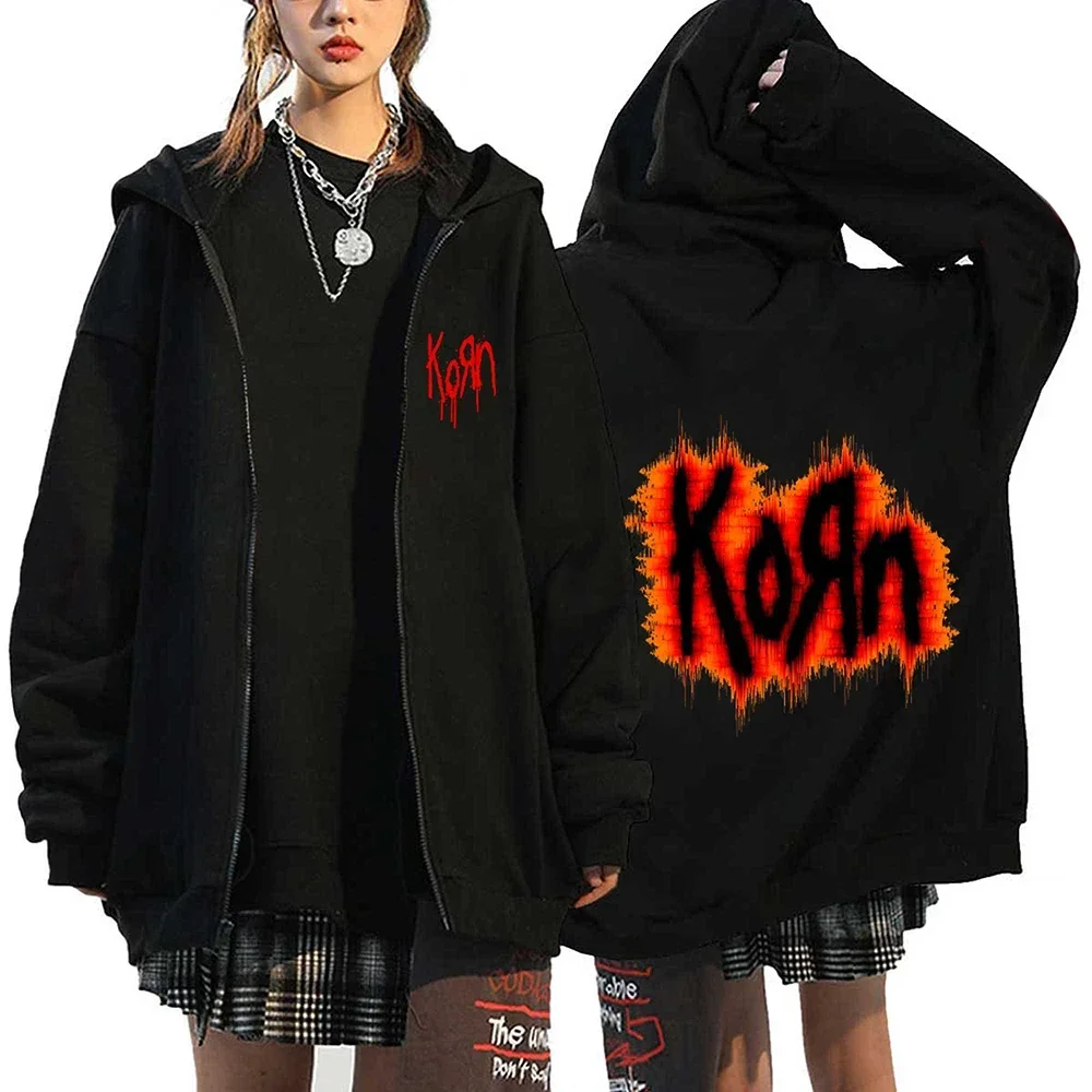 Korn Rock Hoodies WORLD TOUR Zipper Sweatshirts Korn Rock Metal Zip Up Jackets Fleece Oversized Jackets Coats Hip Hop Streetwear