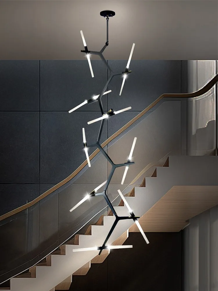 Imagem -02 - Black Branch Led Chandelier Iluminação Simples Moderna Luminária Sala de Estar Luz Duplex Loft Rotating Escadaria Longa Lustre