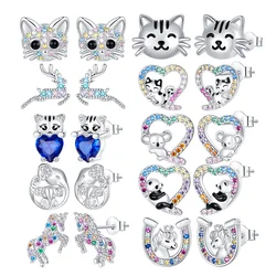 New S925 Sterling Silver Cat panda koala elephant Animal series Zircon Earrings for Women Luxury Jewelry Wedding Birthday Gift