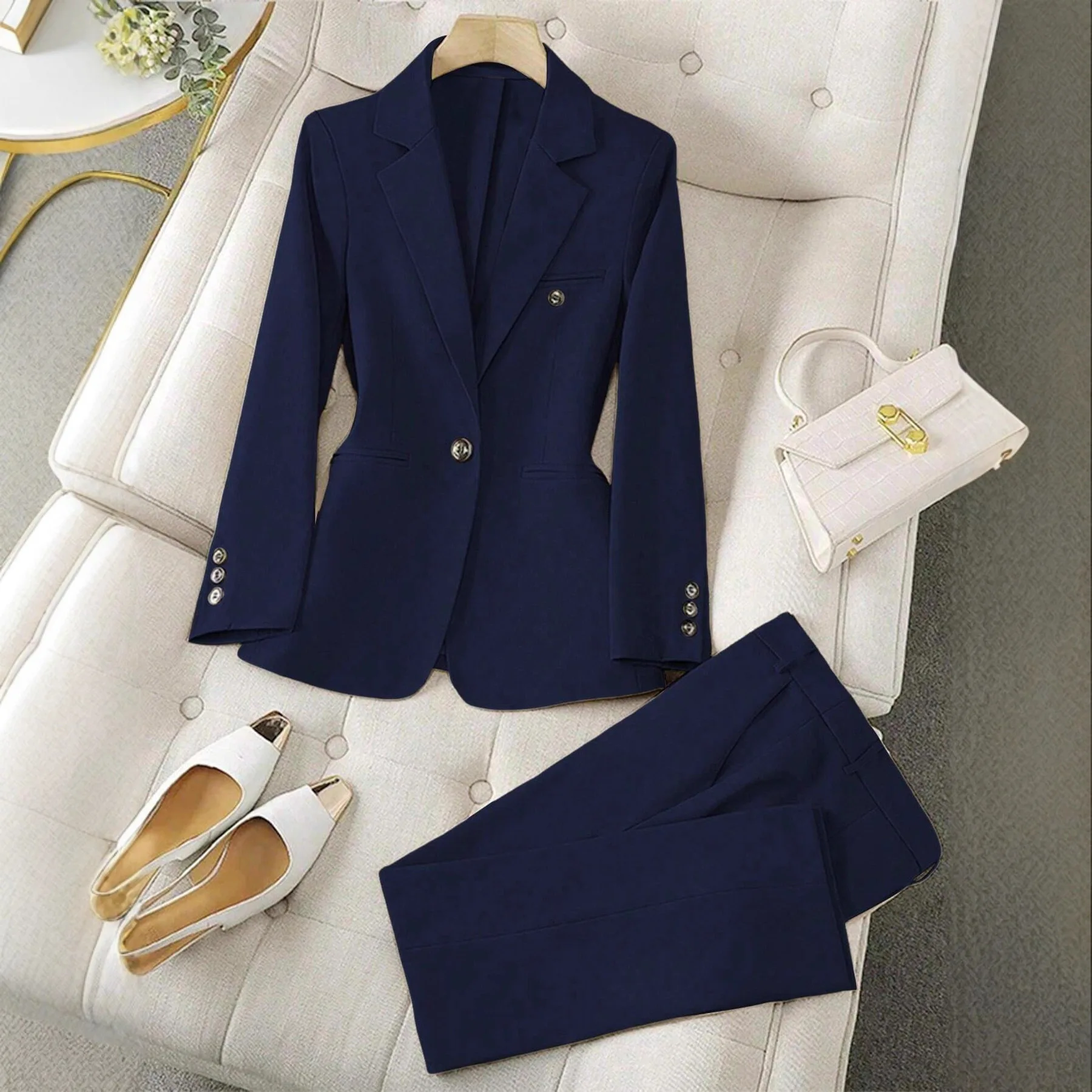 

Casual Simple Fashion Button Long Sleeve Suit Jacket And Pants Set 2025 Autumn Regular Thickness Silk Fabric Rectangular Body...