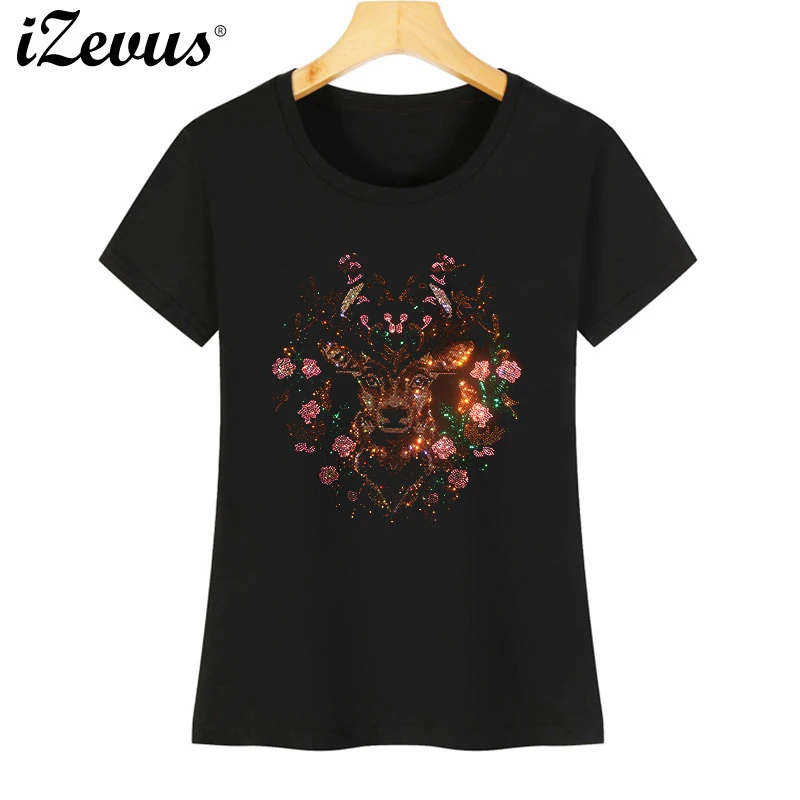 

New stylish Rheinstone elk Women's summer pure cotton short-sleeved casual T-shirt