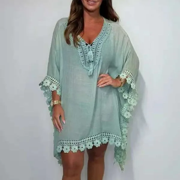 

2025 New Women's Thin Dress Hollow Lace Bat Sleeves Summer Vacation Travel Fashion Beach Mini Skirt for Female