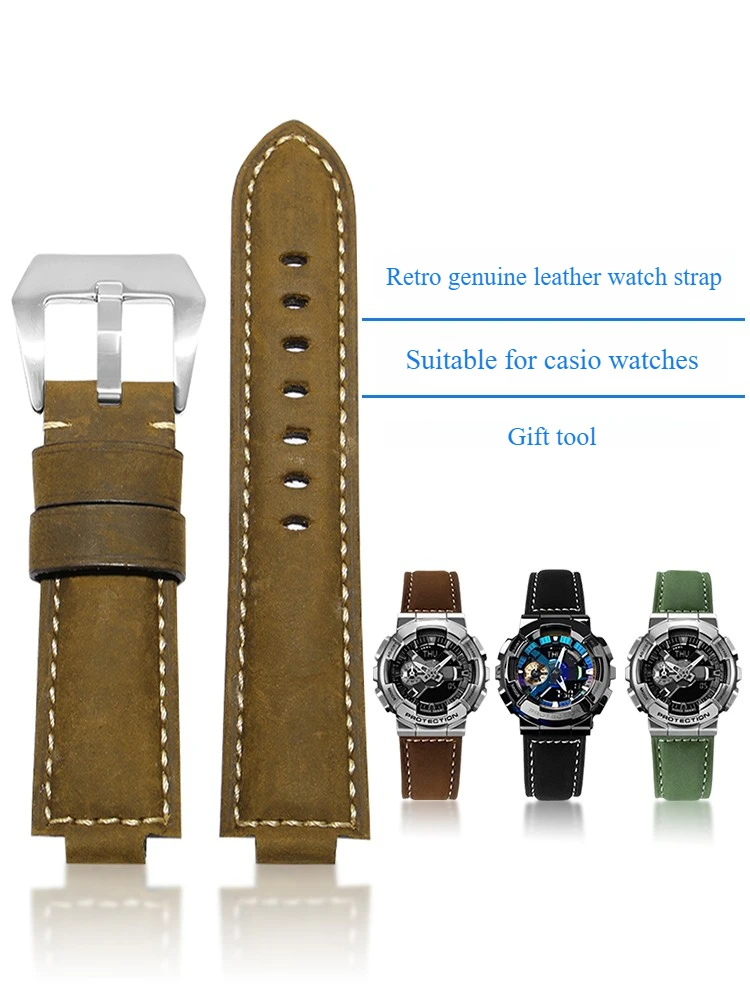 Leather Watch with GM DW 5600 Small Square GM110 Crazy Horse Pattern Belt Male Convex 24-16mm