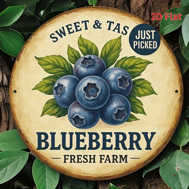 1pc 2D Flat Metal Sign, Vintage Farmhouse Wall Decoration - Rustic Blueberry Design Featuring The Text 'Sweet & Tas Fresh Farm'