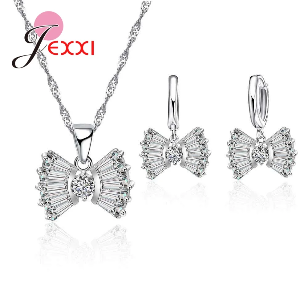 Cute Bowknot Shape Women Parties Accessories Sector 925 Sterling Silver Color Necklace And Earrings Fashionable Jewelry Sets