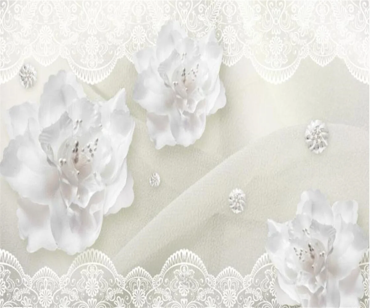 Custom relief oil painting material mural silk white flowers European style 3D stereo TV bedroom background wall wallpaper