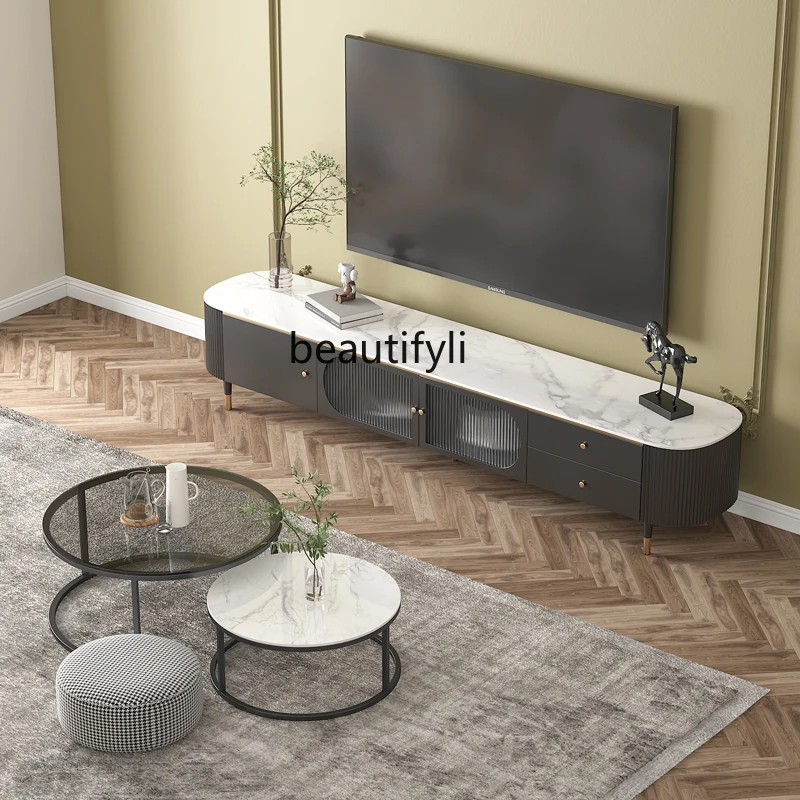 LBX French TV Cabinet and Tea Table Combination Stone Plate TV Stand Modern Simple Black High-End