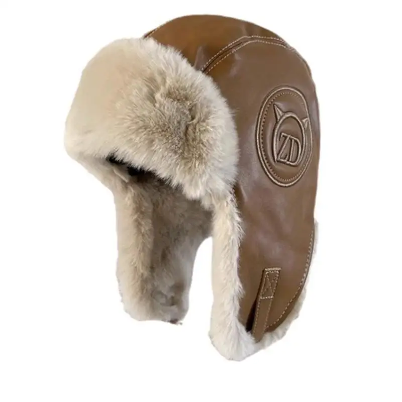 

Korean Style Aviator Hat Winter Trapper Hat For Men Women PU Outer Shell Plush Lined Windproof Warm Ear Flap Cap Size 56-58cm