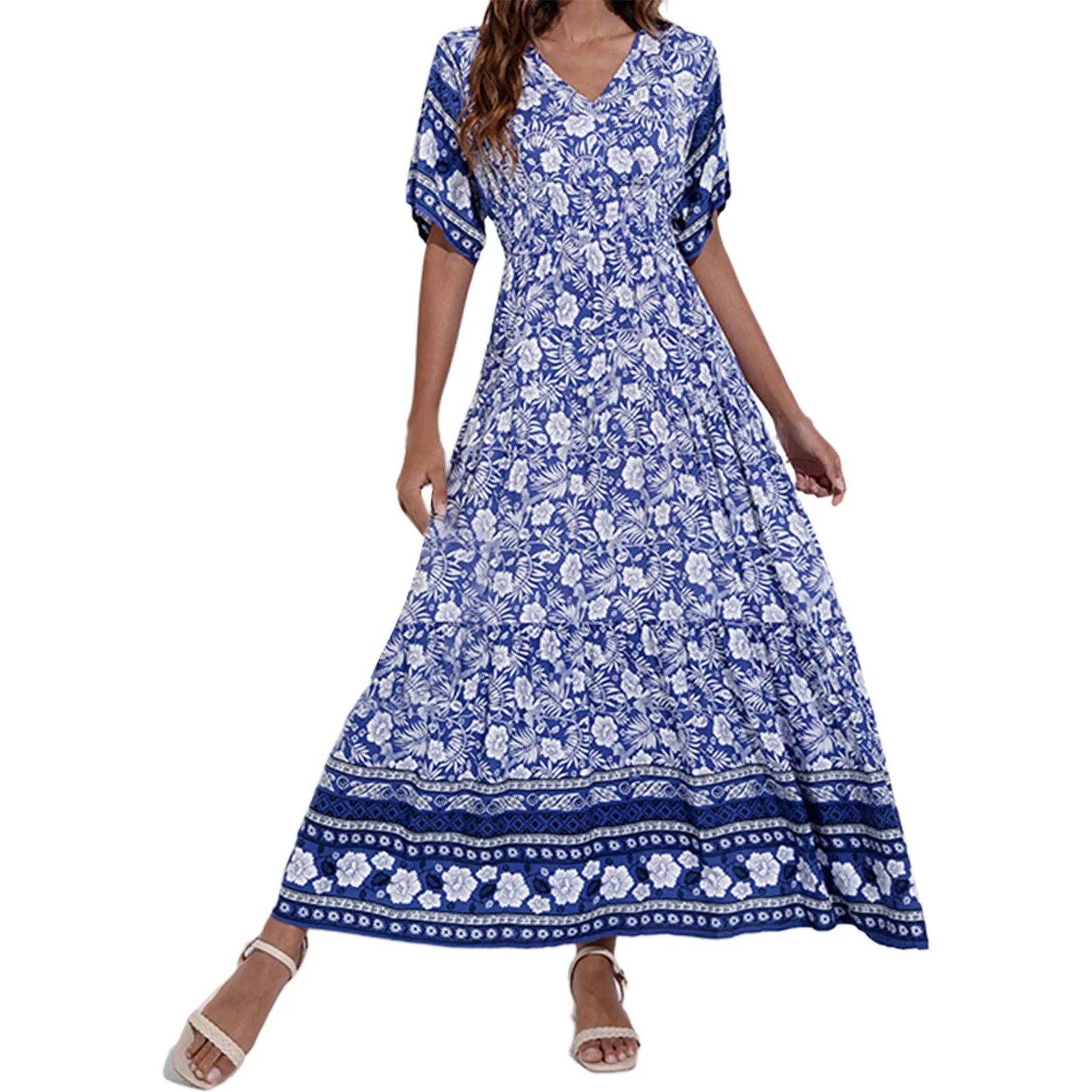 Boho Loose Swing Dresses For Fall Womens V Neck Floral Printed Long Dress Short Sleeve Tunic Waist Bohemian Party Vestido