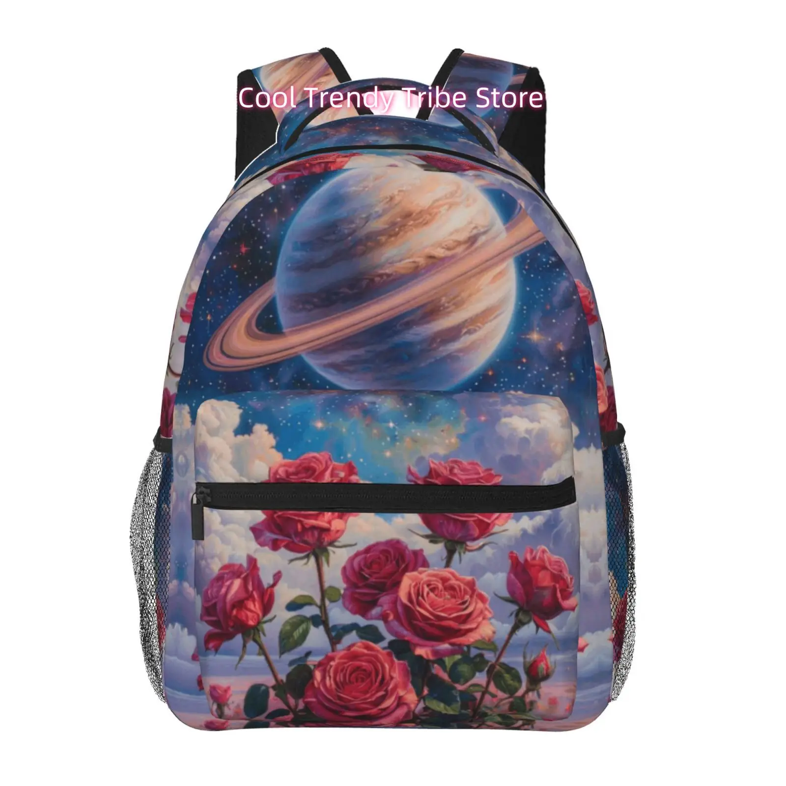 Cosmic Rose And Saturn Print Backpack, Oxford Cloth Casual Daypack, Adjustable Straps, for Travel, Outdoor And Sports