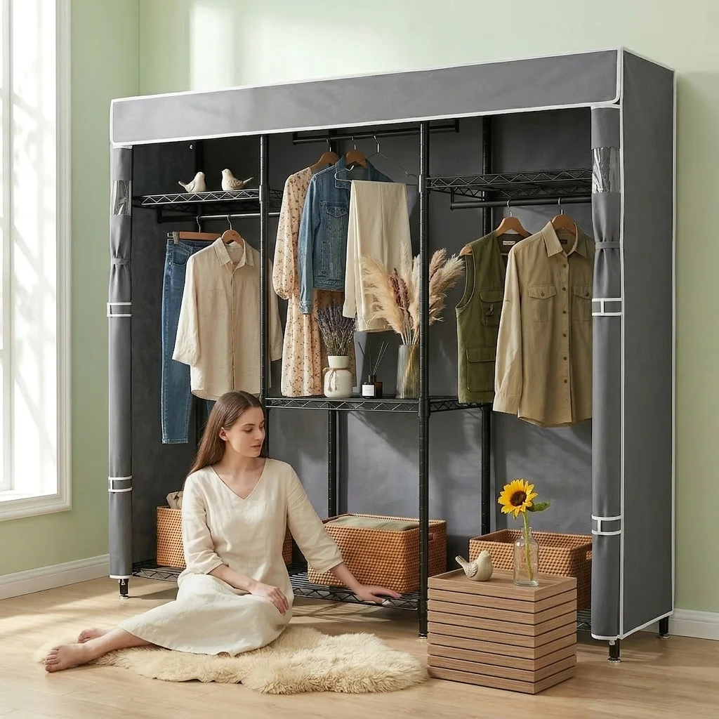 Porte-vêtements multifonctionnel : Porte-vêtements robuste avec housse anti-poussière et étagères, organisateur de placard réglable