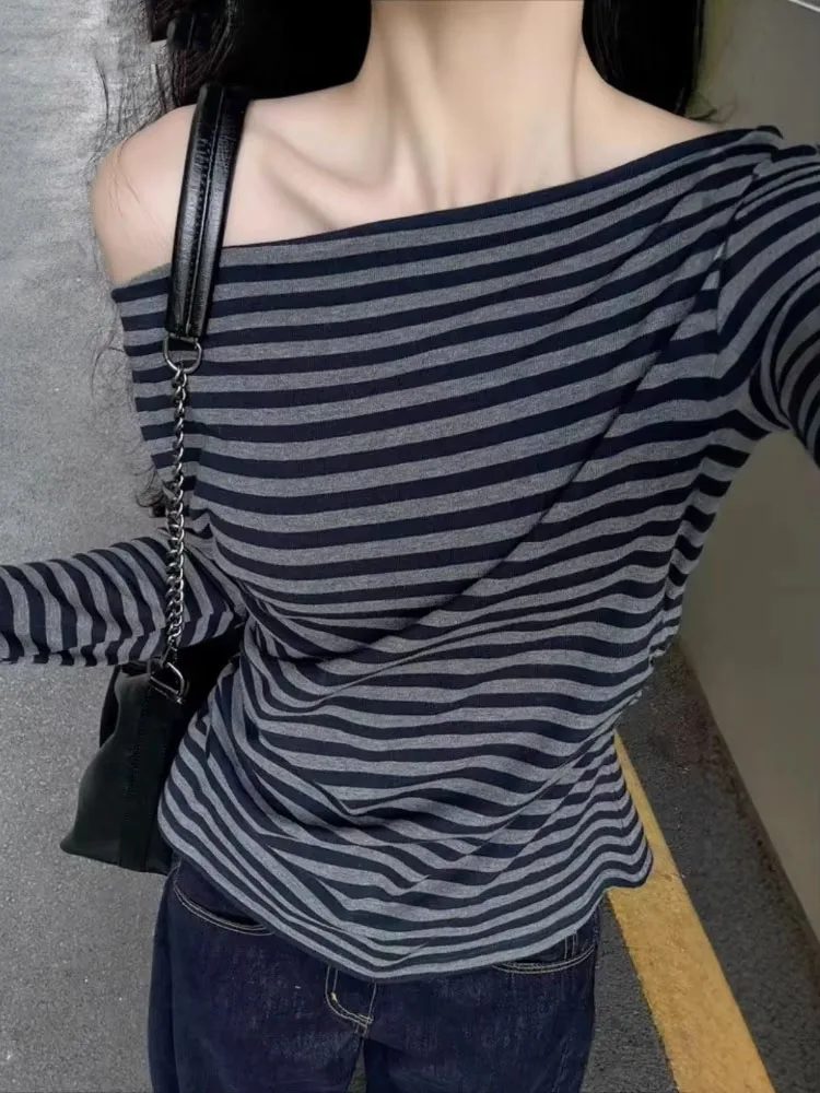 Harajuku Sexy Skew Collar Stripe T-shirt Tshirts 2026 Y2k Aesthetic Autumn Vintage Tees Women Streetwear Grunge Slim Fit T-shirt