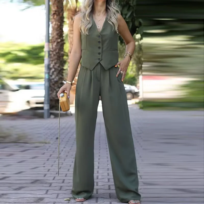 Spring Summer New V Neck Sleeveless Vest Wide Leg Pants Casual Sets Female Solid Color British Style Commute Suit Trousers Sets