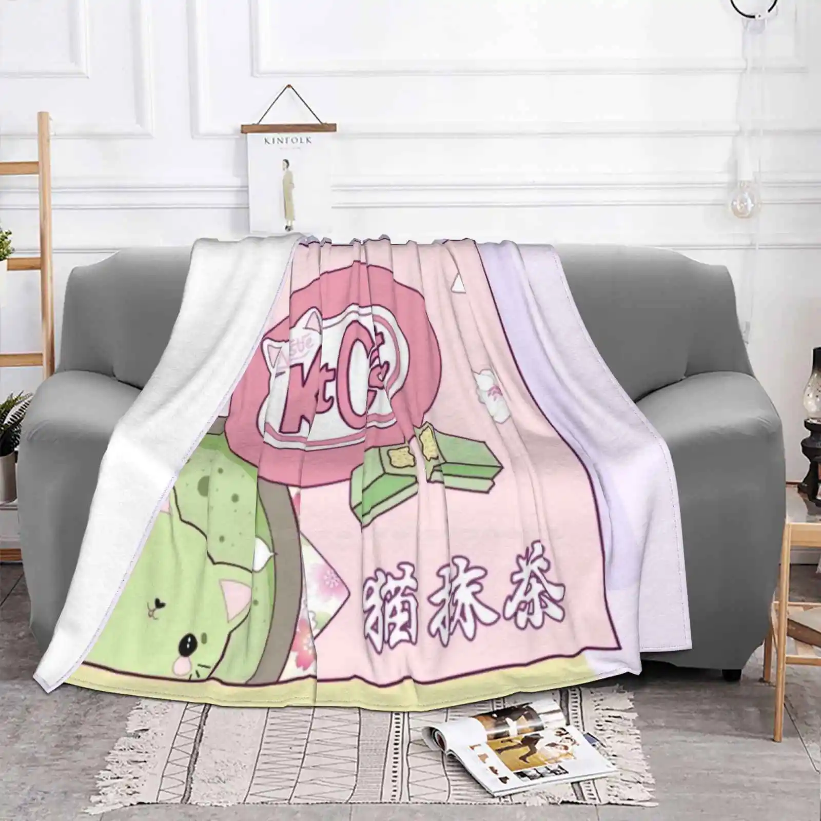 Matcha Kitcat Best Selling Room Household Flannel Blanket Kawaii Pastel Cute Aesthetic Art Japanese Nihon Kitkat Color