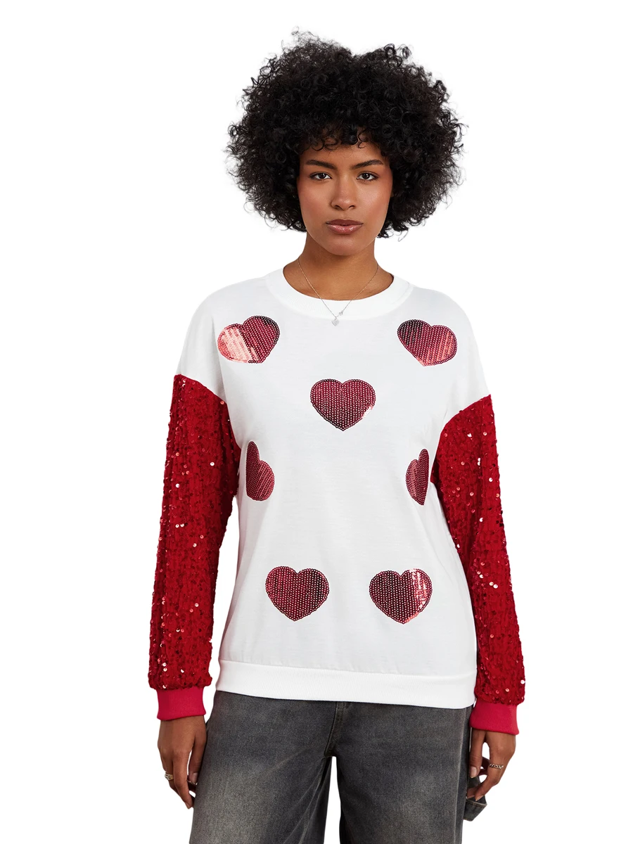 

Women s Sequins Sweatshirt Heart Pattern Contrast Color Long Sleeve Crew Neck Casual Pullover Tops