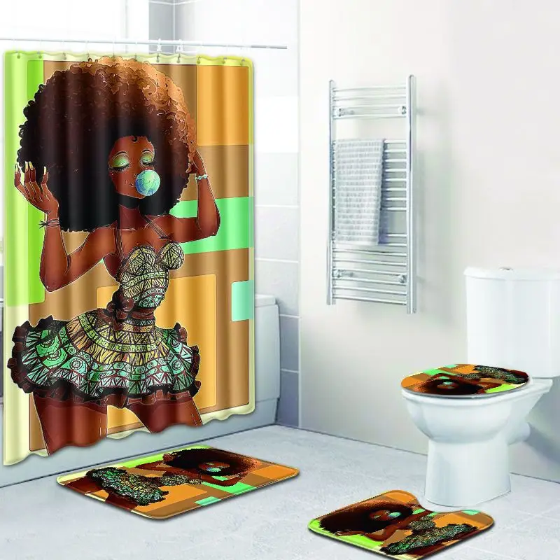 Shower Curtain Floor Mat Set African Woman Hot Selling Bathroom Carpet  Bathroom Set with Shower Curtain and Rugs Dropshipping