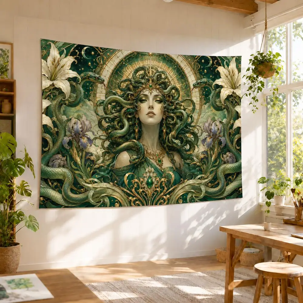 Pretty Medusa Flowers Tapestry Durable Soft Microfiber Horizontal Wall Hanging Decor For Bedroom Patio Garden Parties