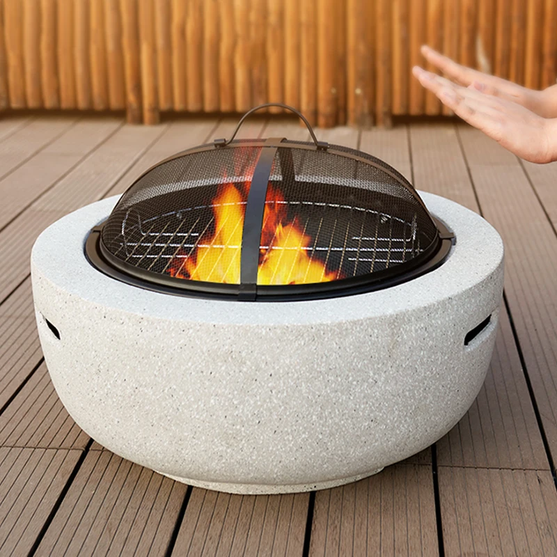 Round Outdoor Fire Pit Table Household Charcoal Brazier Garden Courtyard Barbecue Grill With Mesh Enclosure And Barbecue Net