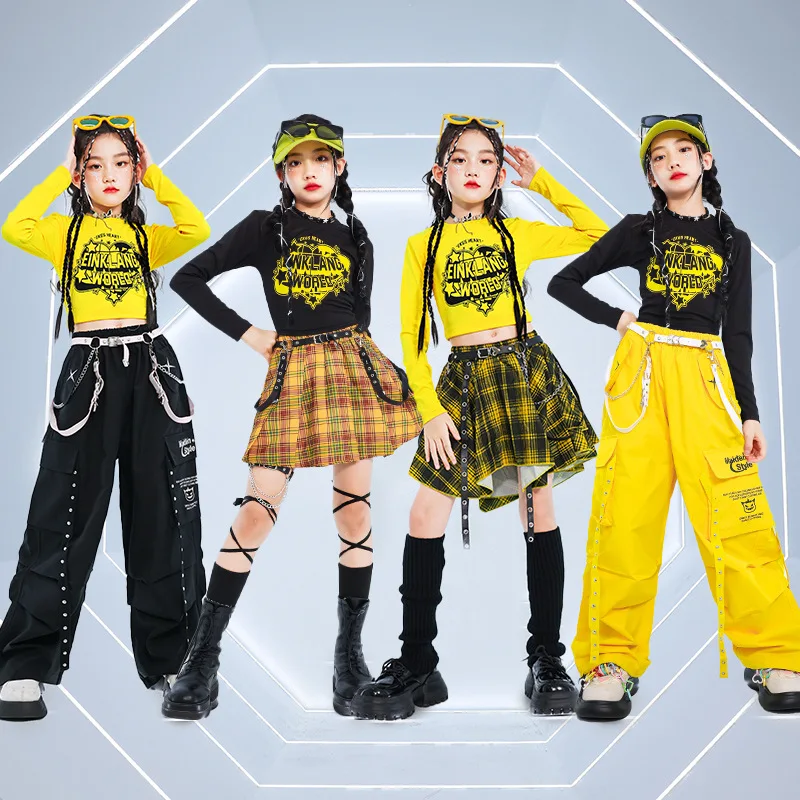 Hip Hop Kids Cool Crop Top K-pop Street Dance Cargo Pants Plaid Skirts Girls Streetwear Children Yellow Jazz Costume Clothes Set