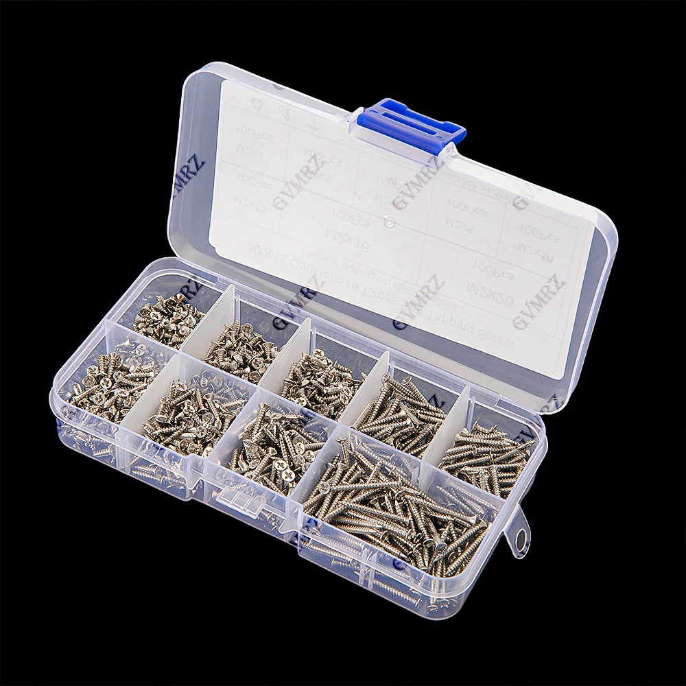 8 Sizes M2x4 M2x5 M2x6 M2x16 800PCS M2 Countersunk Phillips Self‑Tapping Screws Assortment Kit Nickel‑Plated Carbon Steel M2x8 