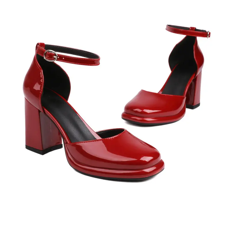 Big Size 48 Patent Leather Closed Toe Buckle Strap Concise Lady Dress Pumps Mary Janes Shoes Spring Summer Chunky Heels Sandals