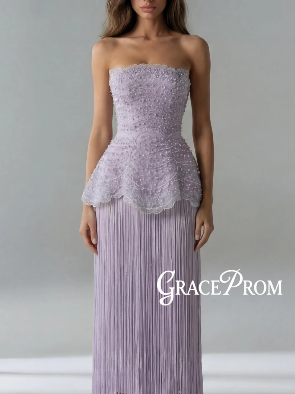 

Lilac Strapless Evening Dress Women Charming Classy Beaded Lace Peplum Bodice Tassel Fringe Long Formal Prom Gown Customized
