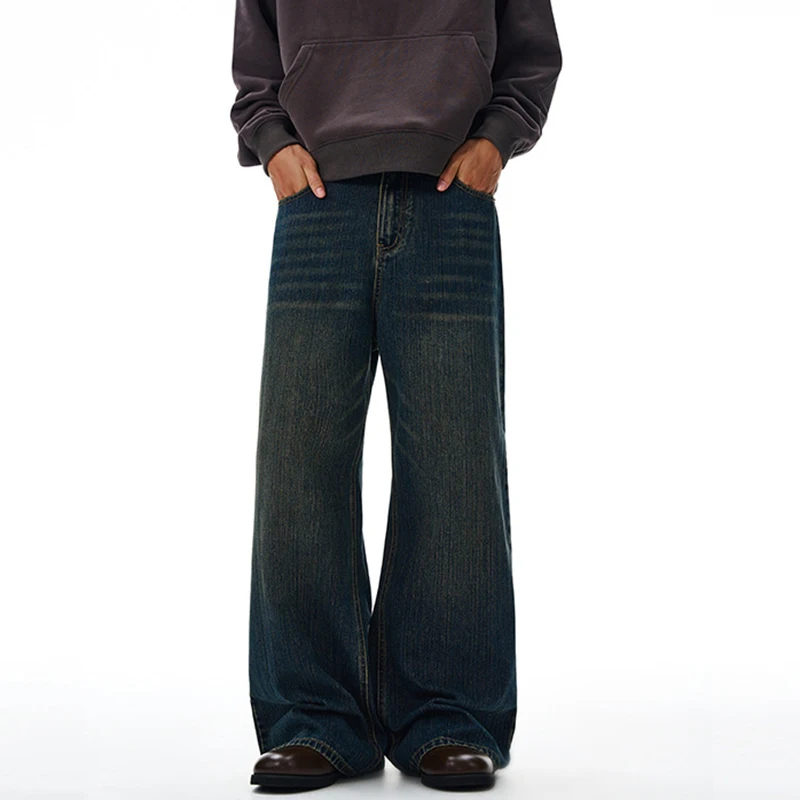 

Новые простые мужские джинсы с эффектом усов, однотонные широкие универсальные брюки, прямые мужские джинсовые брюки