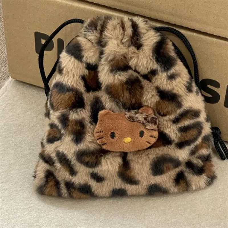 Ins New Sanrio Hello Kitty Leopard Print Storage Bag Y2K Autumn and Winter Plush Cosmetic Bag Mobile Phone Bag Coin Purse Gift