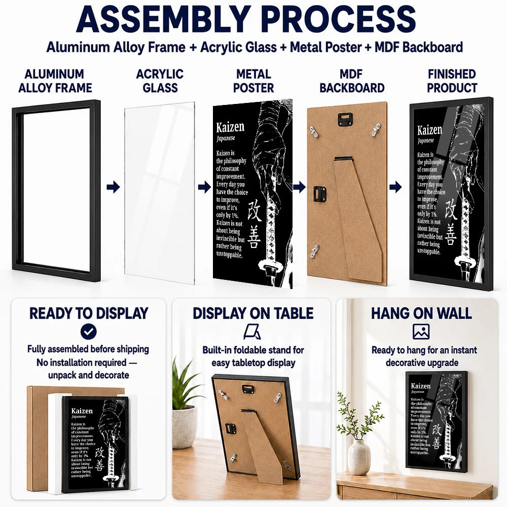 Kaizen Philosophy With Katana Metal Poster With Aluminum Alloy Frame Personalized Photo Modern Success Style Wall Art For Study