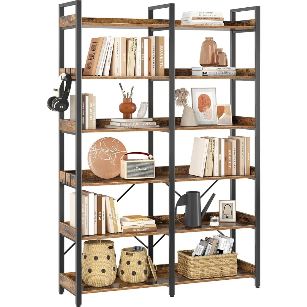 Bookshelf 6 Tier with 4 Hooks, 69” Industrial Wooden Bookcase, Storage Rack with Open Shelves, Bookshelves Metal Frame 47.3”