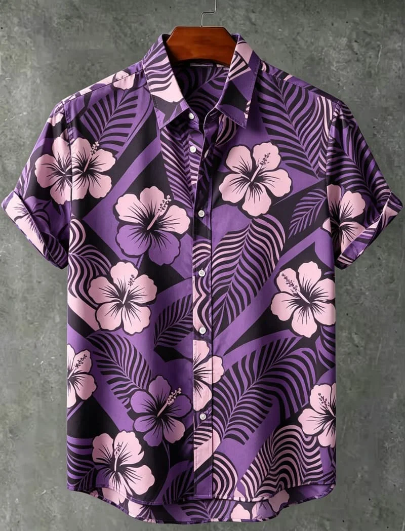 Men's Tropical and Geometric Themed Printed Short Sleeved Shirt Casual Top, with A Unique Vacation Charm for Daily Wear