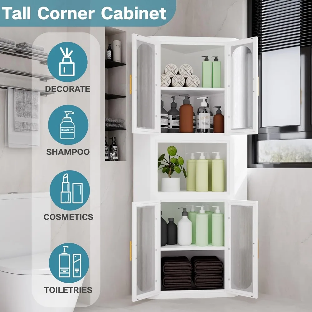 خزانة زاوية معدنية، خزانة تخزين زاوية طويلة مع 4 أبواب زجاجية أكريليك وأرفف قابلة للتعديل، خزانة مطبخ لـ