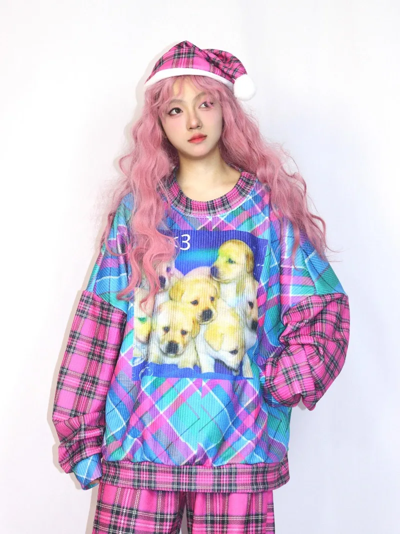 2025 American Pink Dog Sweater Long-sleeved Crew Neck Loose and Thin Versatile Splicing Plaid Print Top T-shirt For Women