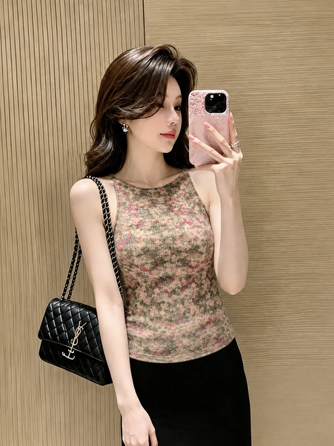 

Summer Floral Print Halter Neck Slim Fit Sleeveless Top Women's Soft Versatile Elegant Style Vacation Wear Casual Fashion