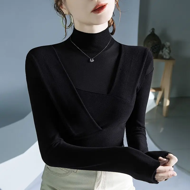 Half High Collar Base Shirt for Women Autumn and Winter New Style Irregular Micro Transparent Mesh Splicing Stylish Inner Top