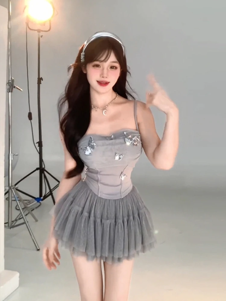 Sexy Sparkling Sequin Strap Vest Top And High Waist Puffy Skirt Set Women's Summer Fashion Outfit Short Sleeve round Neck