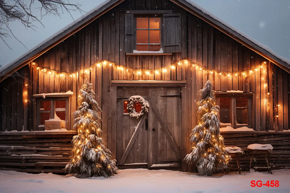 Fond de photographie de Noël d'hiver, arbre de Noël, grange en bois, décoration de portrait de neige, fond de bannière, studio photo