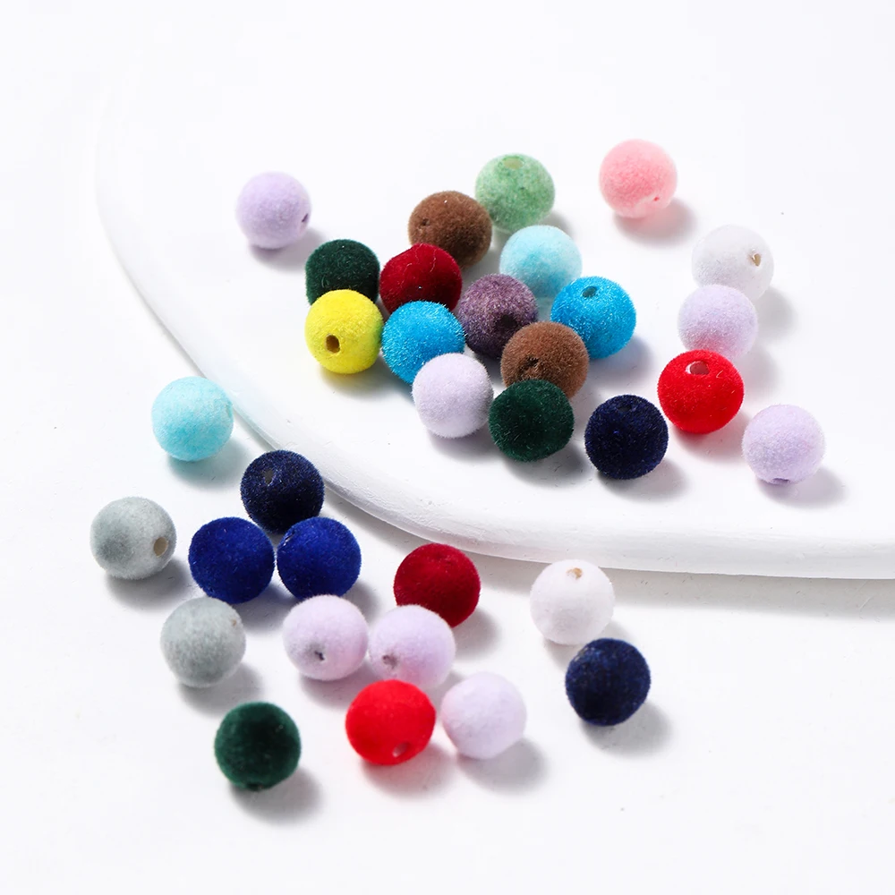 30 Stück 8/10 mm bunte Acryl-Beflockung, Samt, runde Kugelperlen für Halskette, Armband, Ohrringe, DIY-Schmuckherstellungszubehör – Detail 5