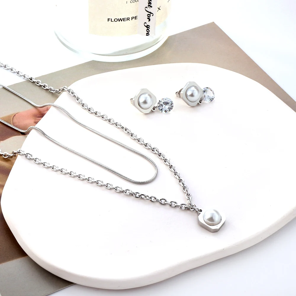 LUXUSTEEL Vintage Imitation Pearl Crystal Necklace Earrings Sets for Women Gilrs Golden Color Stainless Steel Rolo Snake Chain