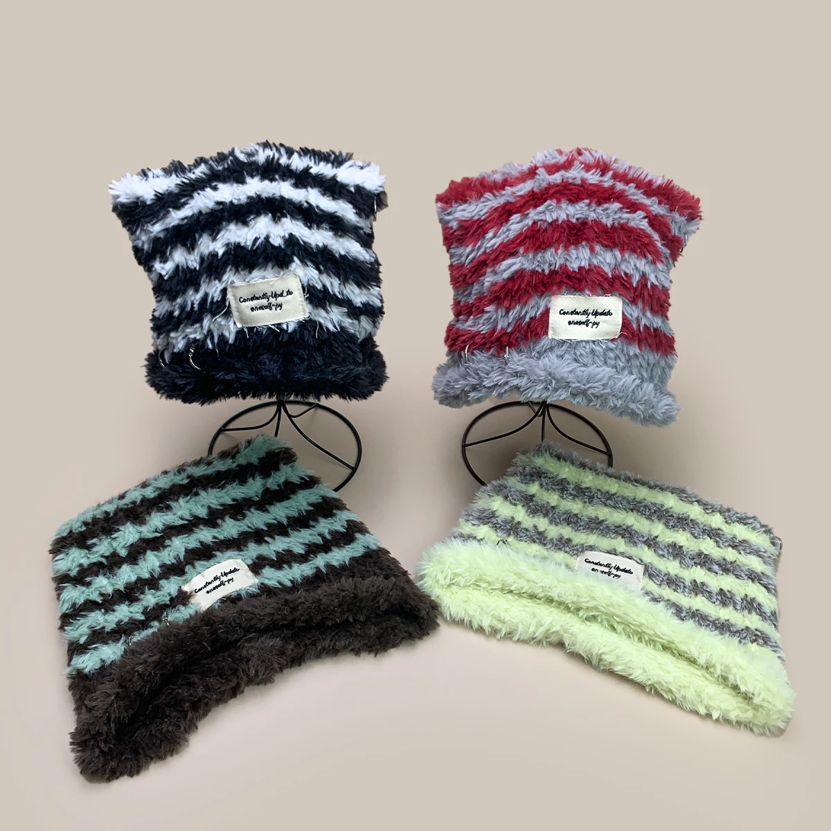 

Korean Cat Ears Patch Letters Striped Plush Knitted Hats New Men Women Warm Casual Fashion Sweet Versatile Cute Outdoor Beanies