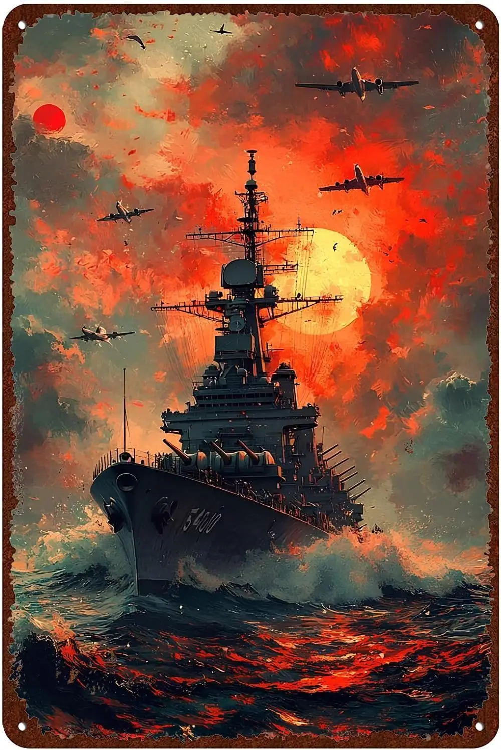 Vintage War Battleship Red Sunset Ocean Metal Tin Sign, Military Warship Bomber Plane Wall Art, Rustic Decor for Garage Bar Man