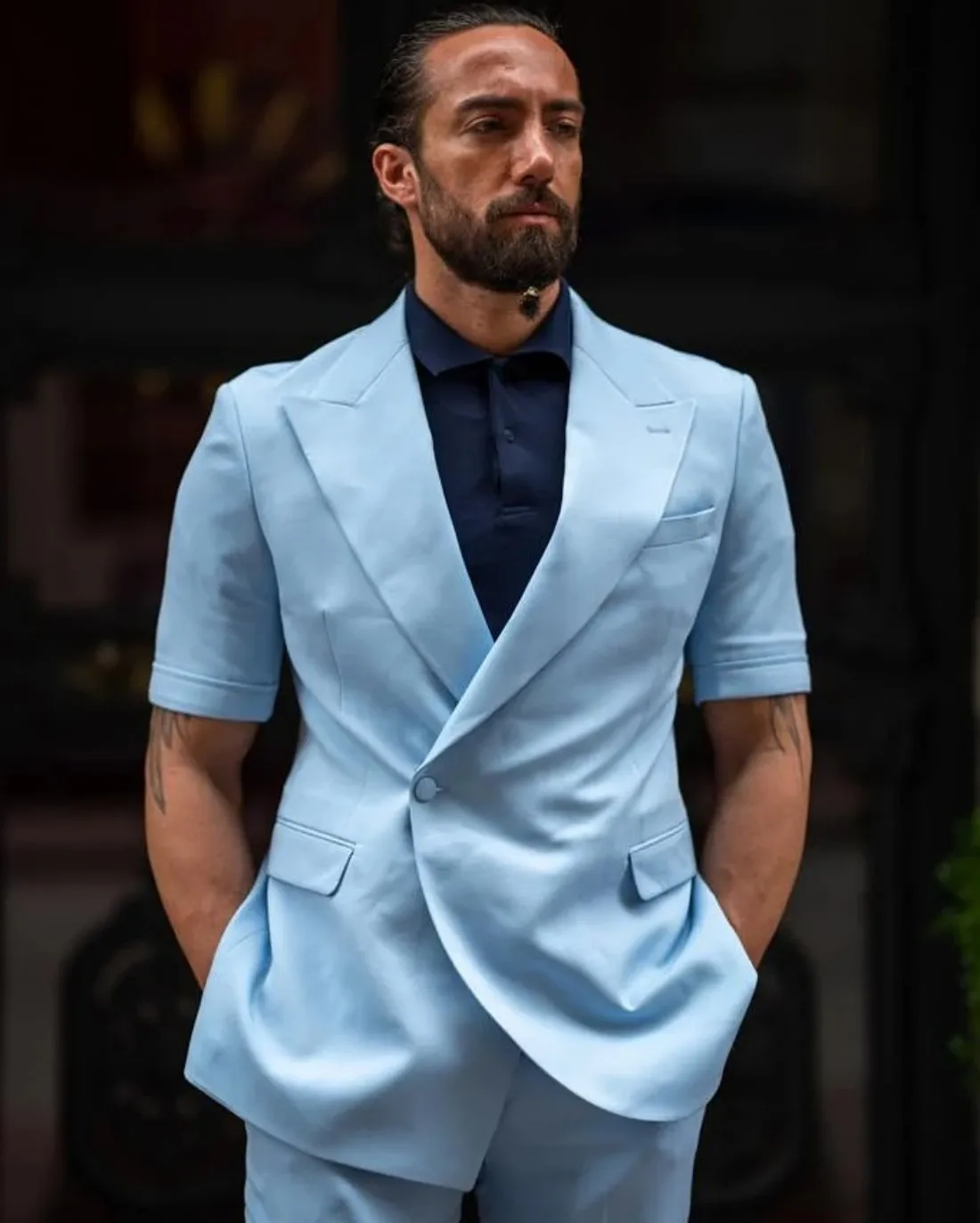 Sky Blue Summer Fashion Short Sleeves Men Suits Single Button Peak Lapel Suit 2 Piece Jacket& Pants Male Clothing Daily Casual