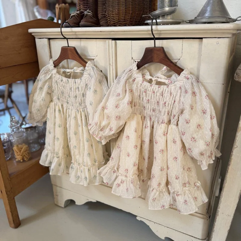 

Новое весеннее платье для девочек 2026 года с цветочным принтом, детское кружевное платье с длинным рукавом, милое платье принцессы для малышек, модная повседневная одежда для младенцев