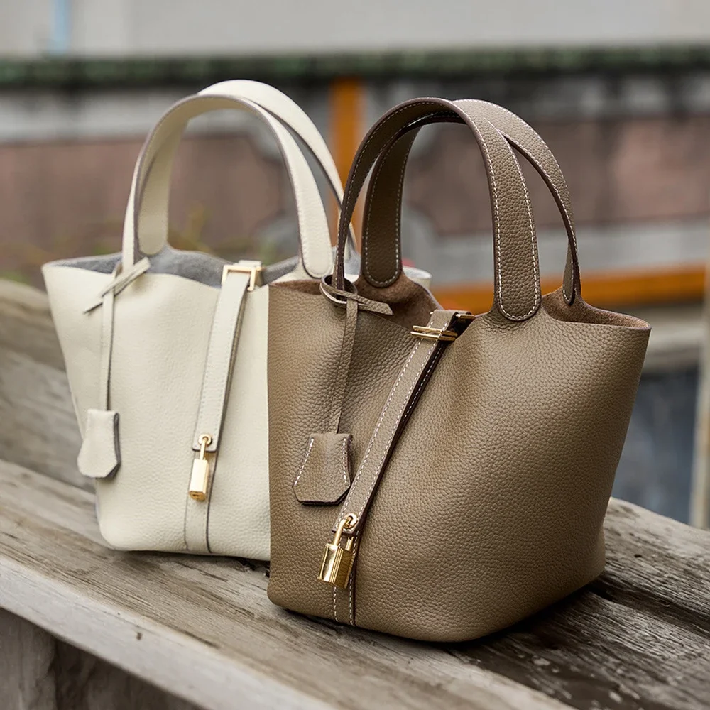 Sac à main en cuir de vachette souple pour femme, panier initié, sac de voyage, grand fourre-tout avec conception de serrure, mode pour femme, E27, 2025
