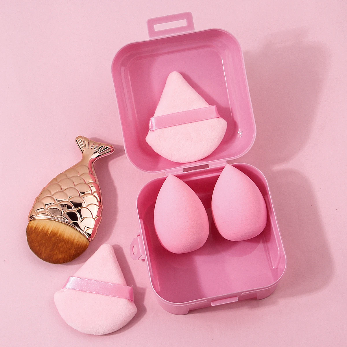 6PCS portable box-set super soft sponge egg/triangular powder puff + fishtail foundation brush portable beauty tool